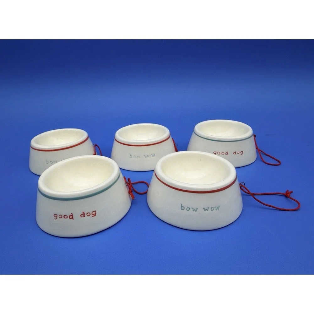 Dog Lover Christmas Ornaments Set 5 Ceramic Dog Bowls Bow Wow Good Dog